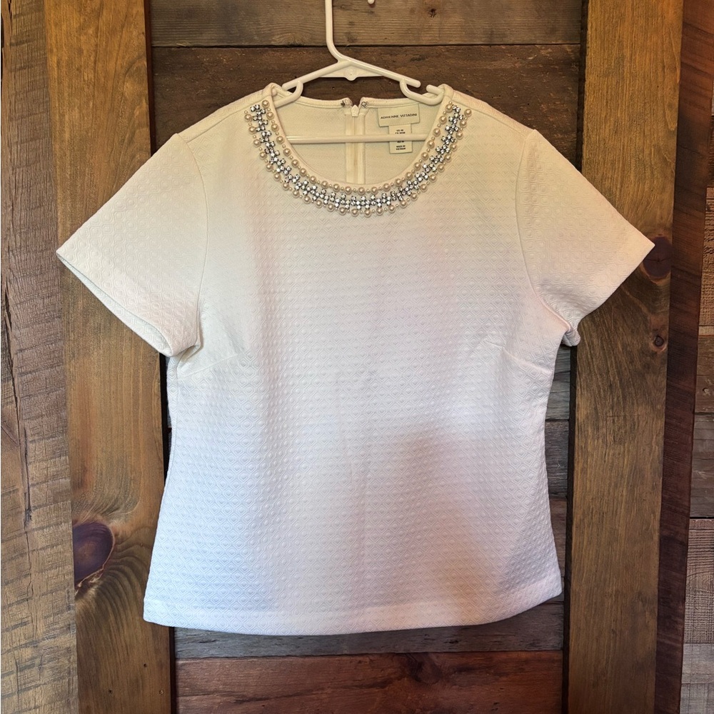 Adrienne Vittadini Ivory Short Sleeve Jewel-Neck Top